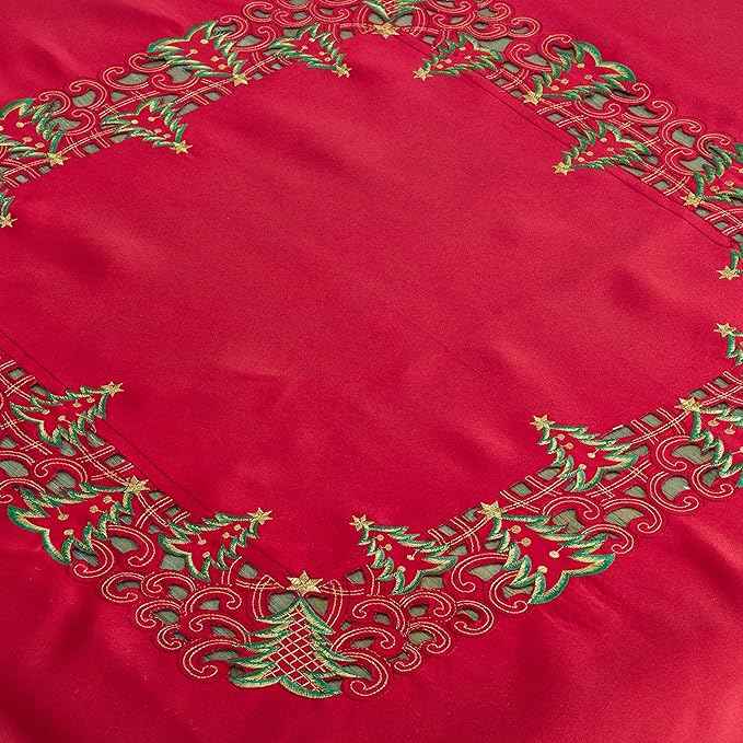 Fennco Styles Pandoro Collection Holiday Embroidered Christmas Tree Cutwork Border 67 x 140 Inch Tablecloth – Red Table Cloth for Christmas Dinner, Family Gathering, Special Events and Home Décor