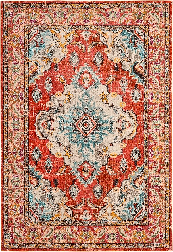 SAFAVIEH Monaco Collection Area Rug - 5'1" x 7'7", Orange & Light Blue, Non-Shedding & Easy to Clean, Distressed Medallion Design, Ideal for Living Room, Bedroom, Dining Space (MNC243H)