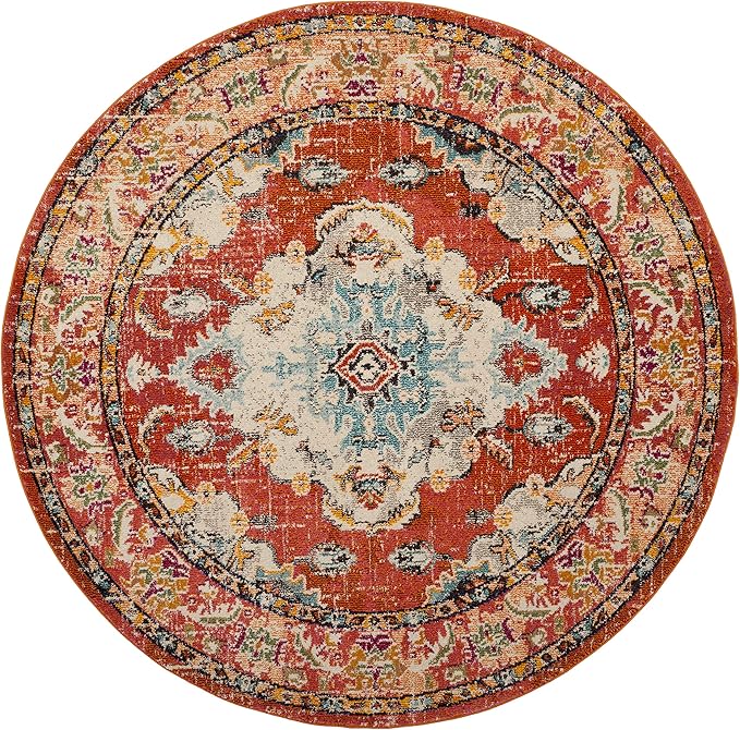 SAFAVIEH Monaco Collection Area Rug - 8' Round, Orange & Light Blue, Boho Chic Medallion Distressed Design, Non-Shedding & Easy Care, Ideal for High Traffic Areas in Living Room, Bedroom (MNC243H)