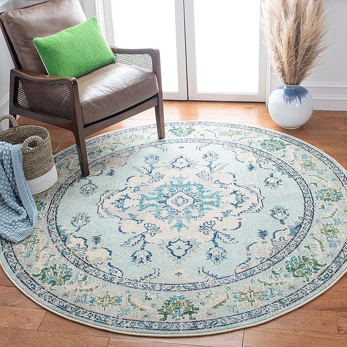SAFAVIEH Monaco Collection Area Rug - 8' Round, Light Blue & Ivory, Non-Shedding & Easy Care, Ideal for High Traffic Areas in Living Room, Foyer, Bedroom (MNC243K-8R)
