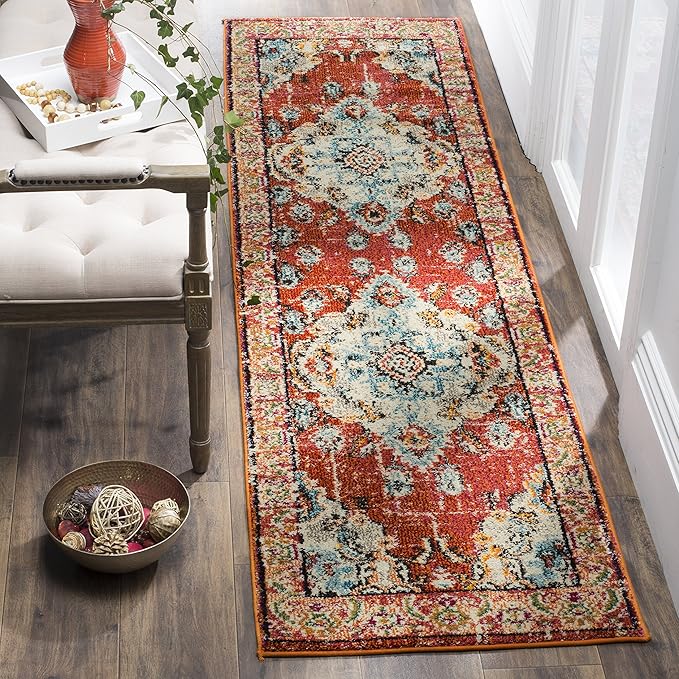 SAFAVIEH Monaco Collection Runner Rug - 2'2" x 8', Orange & Light Blue, Boho Chic Medallion Distressed Design, Non-Shedding & Easy Care, Ideal for High Traffic Areas in Living Room, Bedroom (MNC243H)