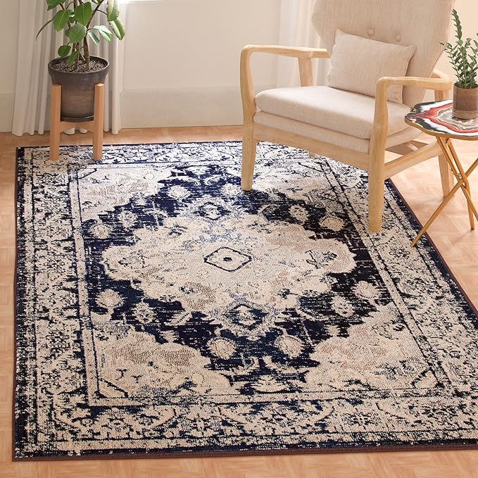 SAFAVIEH Monaco Collection Area Rug - 8' x 10', Ivory & Navy, Non-Shedding & Easy to Clean, Distressed Medallion Design, Ideal for Living Room, Bedroom, Dining Space (MNC243C)
