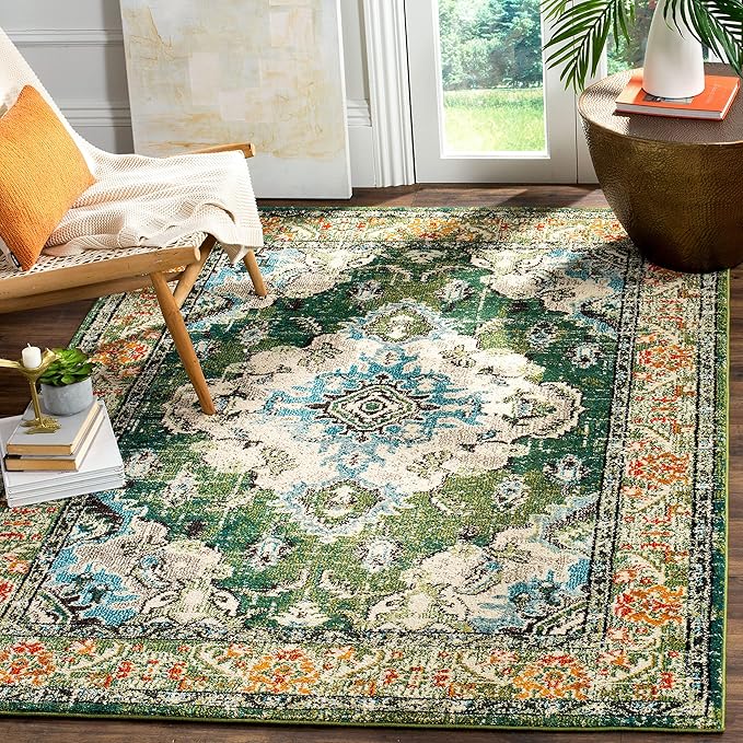 SAFAVIEH Monaco Collection Area Rug - 5'1" x 7'7", Forest Green & Light Blue, Non-Shedding & Easy to Clean, Distressed Medallion Design, Ideal for Living Room, Bedroom, Dining Space (MNC243F)