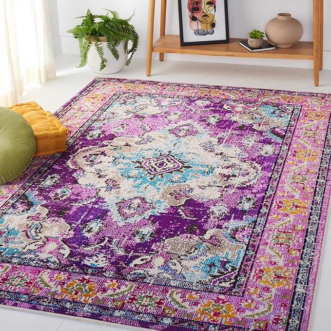SAFAVIEH Monaco Collection Area Rug - 5'1" x 7'7", Violet & Light Blue, Non-Shedding & Easy to Clean, Distressed Medallion Design, Ideal for Living Room, Bedroom, Dining Space (MNC243L)