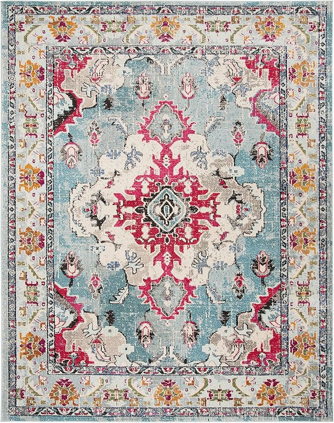 SAFAVIEH Monaco Collection Area Rug - 10' x 14', Light Blue & Fuchsia, Non-Shedding & Easy to Clean, Distressed Medallion Design, Ideal for Living Room, Bedroom, Dining Space (MNC243J)
