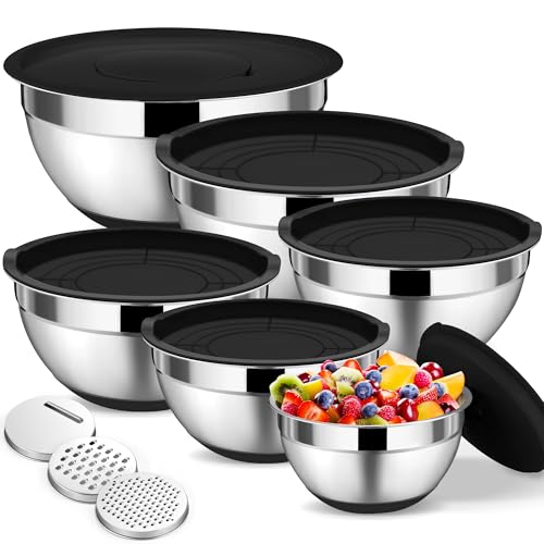 Mixing Bowls Stainless Steel Salad Bowl with Lid & Graters (Black)