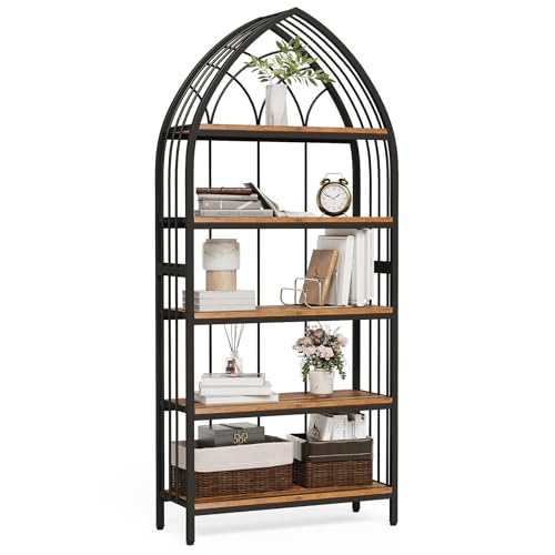 74.8" Tall Arched Bookshelf (Brown + Black)
