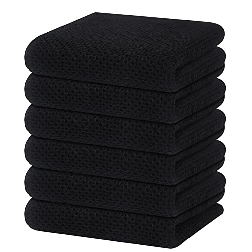 100% Cotton Waffle Weave Kitchen Dish Towels 6 (Black / 13 X 28 - 6 Pack)