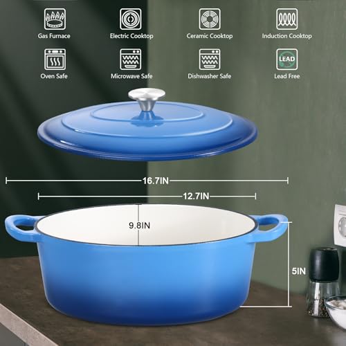 7 Quart Enameled Cast Iron Oval Dutch Oven Pot with Lid (Blue / 7QT)