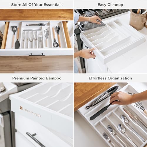 Silverware & Utensil Drawer Organizer (White Bamboo / From 16" to 28" Wide)