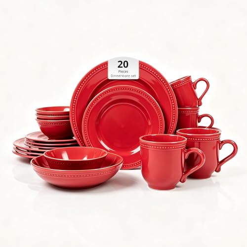 HomeVSS 20 Piece Pearl Dots Stoneware Dinnerware Set (Red)
