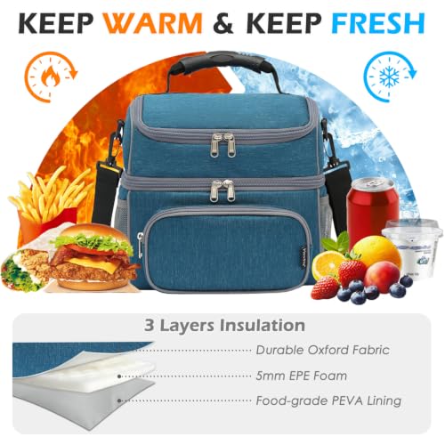 Double Layer Cooler Insulated Lunch Bag Adult Lunch Box Large Tote Bag for Men (Lake Blue)