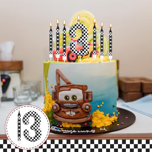 13 Pcs Racing Cars Themed Birthday Candles Black and White Race Number 3 Checkered Candle Cake Topper for Racing Car Party Decoration Supplies (Black+White / 3)
