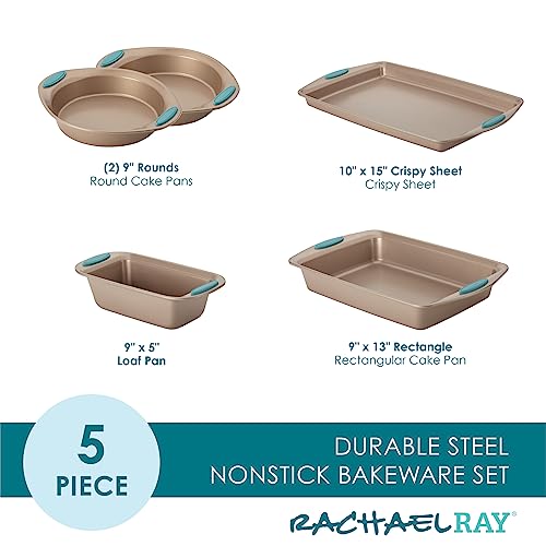 Cucina Bakeware Set Includes Nonstick Bread Baking Cookie Sheet and Cake Pans (5 Piece / Latte Brown with Agave Blue Grips)
