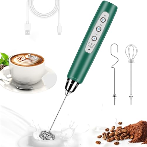 Milk Frother Wand Rechargeable Handheld Whisk Coffee 3 Speed Adjustable (Basic Frother / Green)