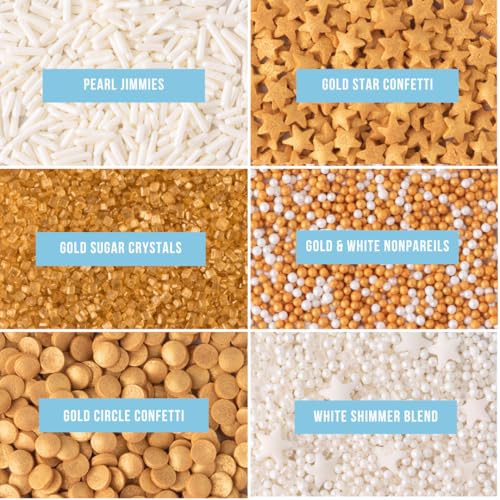 Sprinkles 6 Cell Edible Sprinkle Mix Jimmies Perfect for Cake Decorations Baking Ice Cream Cookies Cupcake Topper (Gold)