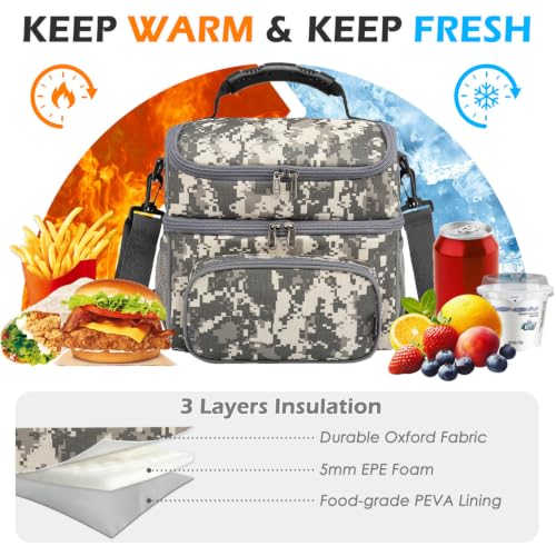 Double Layer Cooler Insulated Lunch Bag Adult Lunch Box Large Tote Bag for Men (Digital Camo)