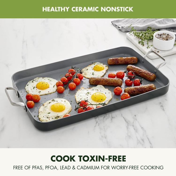 Valencia Pro 18" x 11" Ceramic Nonstick Double Burner Griddle Pan (18" x 11" Double Burner Griddle Pan / Gray)