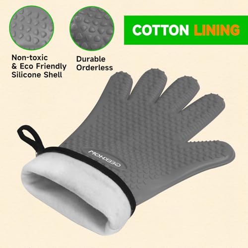 BBQ Gloves Heat Resistant Oven Mitts (Light Gray / Large)