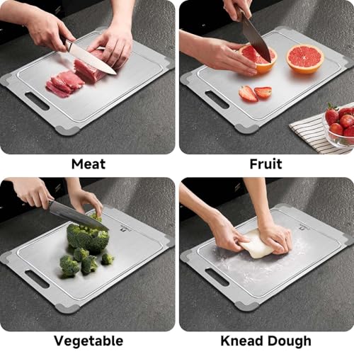 14*10" Pure Titanium Cutting Board with Groove and Silicone Corner (Gray / 10 * 14 IN)