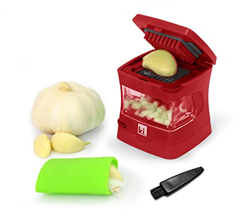 Garlic-A-Peel Garlic Press, Crusher, Cutter, Mincer, and Storage Container - Includes Silicone Garlic Peeler - Easy to Clean - Stainless Steel Blades – (Red), standard (2.5 x 2.5 x 2.8 / Red)