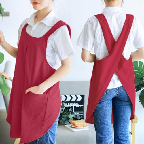 Japanese Linen Cross Back Kitchen Cooking Aprons for Men with Pockets for Baking Painting Gardening Cleaning Dark Red (05 - Women's Dark Red)