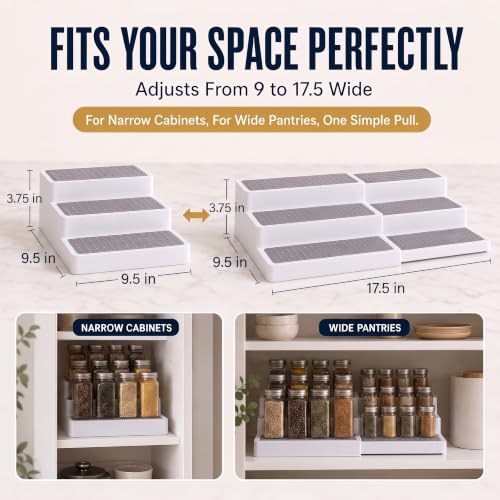 3 Tier Expandable Spice Rack Organizer for Cabinet (1-Pack / White/Grey)