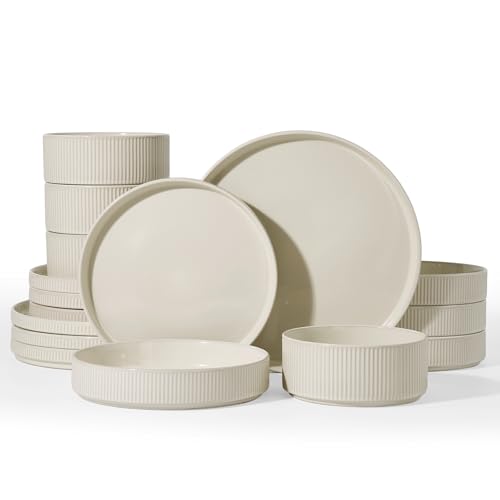 Star Stoneware Dinnerware Sets with Pasta Bowls (Oat White / Service for 4 - Double Bowls)