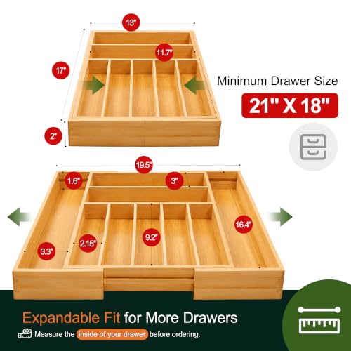 Large Premium Bamboo Silverware Organizer (9 Slots Expandable / Natural)