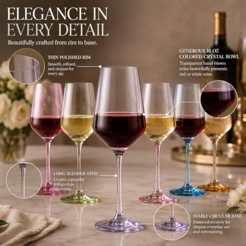 Colored Crystal Wine Glass Set of 6 (Multicolor)