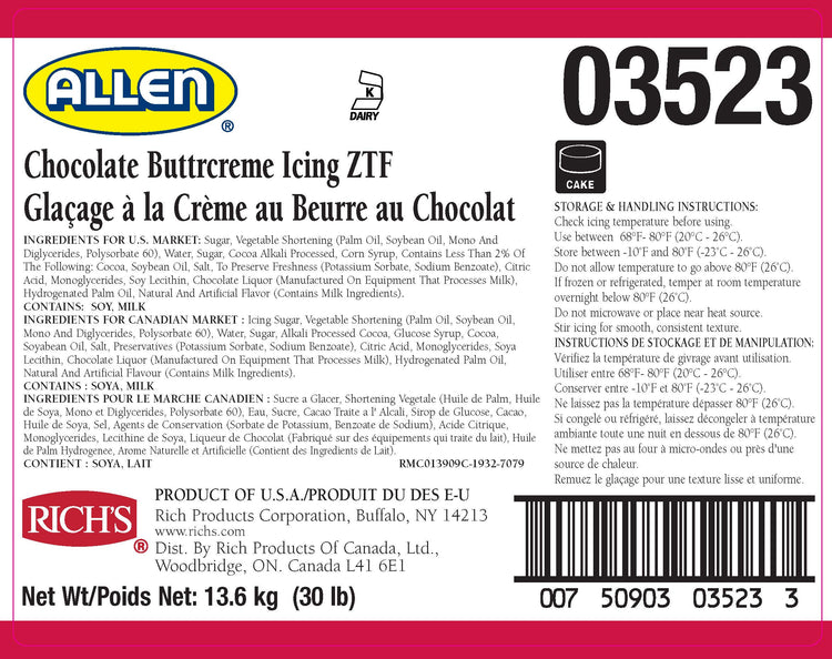 JW Allen Chocolate Buttercream Frosting 30 lb Tub