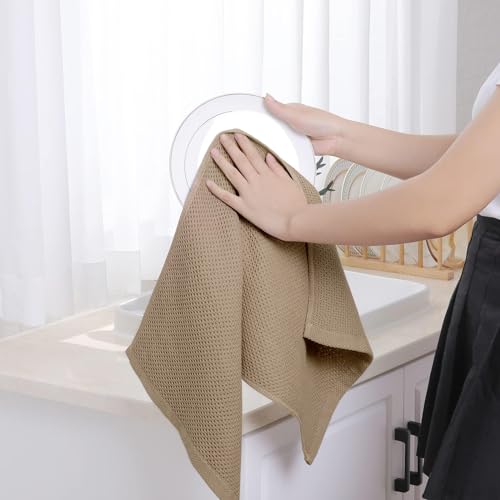 100% Cotton Waffle Weave Kitchen Dish Towels 12 (Tan / 13 X 28 - 12 Pack)