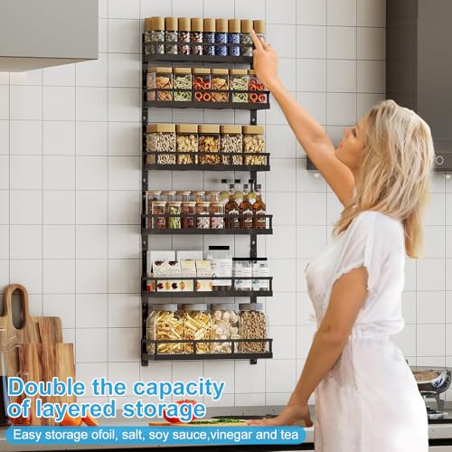 6-Tier Wall-Mounted Spice Rack Organizer with Mixed Basket Sizes, Height-Adjustable Hanging Spice Shelf for Kitchen Pantry Cabinet, Large-Capacity Seasoning Holder, Black (Black / 6x 4.6"D)