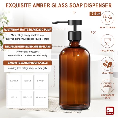 Amber Glass Soap Dispenser (Amber Bottle + Black Flat Pump / 4 Pack)