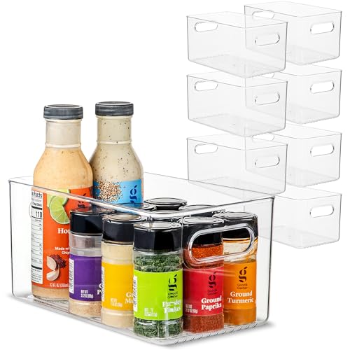 Plastic Food Storage 8 Pack Clear Container Bin with Handles for Organizing Kitchen (10x6x5)