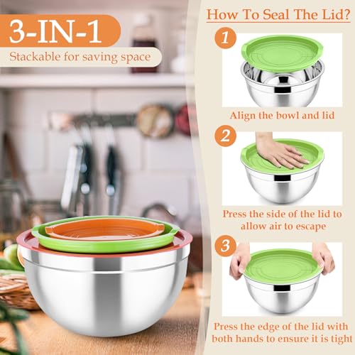 Mixing Bowls Stainless Steel Nesting Salad Bowls Set (Multicolor / Airtight Lids)