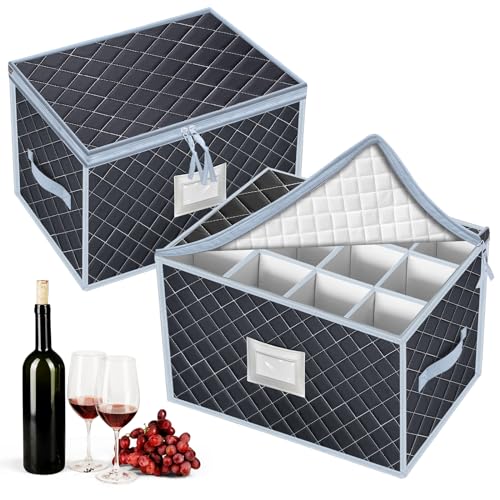 Wine Glass Storage Box with Dividers Holds 24 Stemware Storage Cases or China Crystal Glassware Containers with Handles and Lable Window (Gray / 2 Pack Wine Glass Storage (Gray))