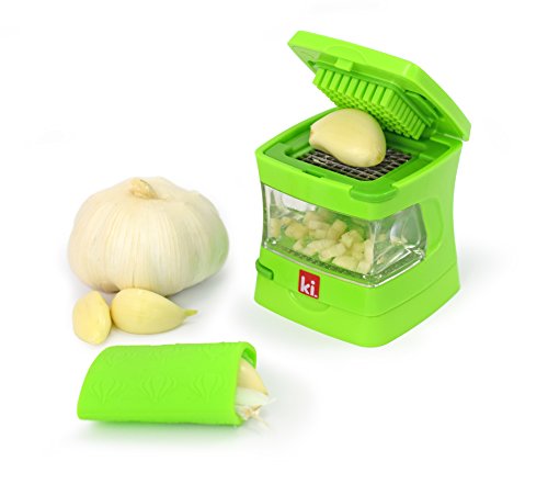 Garlic-A-Peel Garlic Press, Crusher, Cutter, Mincer, and Storage Container - Includes Silicone Garlic Peeler - Easy to Clean - Stainless Steel Blades – (Green), standard (Standard / Green)