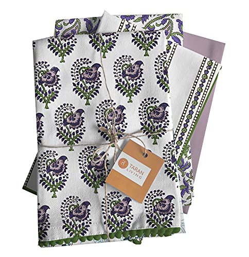 Printed Kitchen Dish Bar and Tea Towels Cotton (Set of 4 (18x28 Inches) / White & Purple)