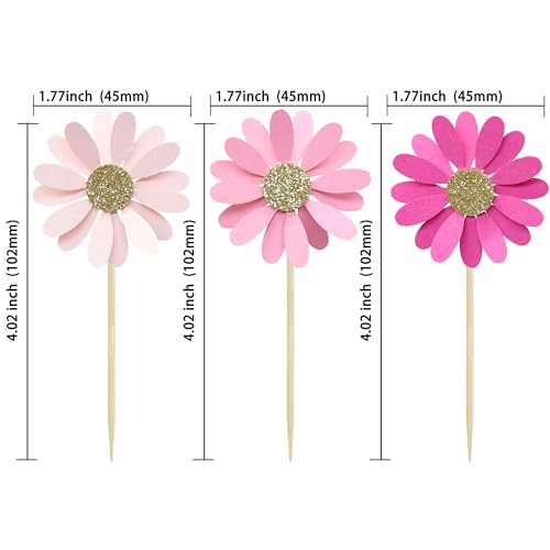 24Pcs Daisy Cupcake Toppers Flower Cake Topper Decorations Daisy Cake Decorations Chrysanthemum Cupcake Toppers Spring Daisy Flower Cake Picks for Birthday Wedding Supplies Rose Red Pink (Rose Red Pink)