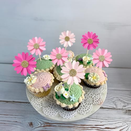 24Pcs Daisy Cupcake Toppers Flower Cake Topper Decorations Daisy Cake Decorations Chrysanthemum Cupcake Toppers Spring Daisy Flower Cake Picks for Birthday Wedding Supplies Rose Red Pink (Rose Red Pink)