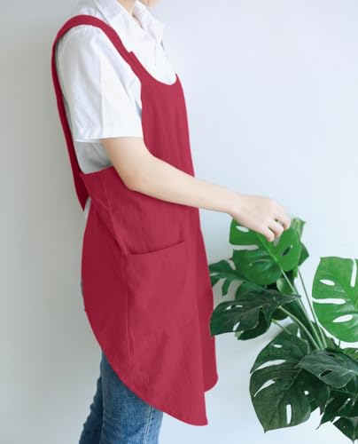 Japanese Linen Cross Back Kitchen Cooking Aprons for Men with Pockets for Baking Painting Gardening Cleaning Dark Red (05 - Women's Dark Red)