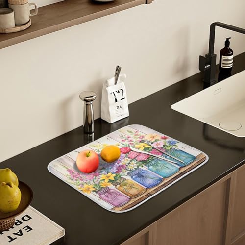 Spring Floral Jars Rustic Dish Drying Mat for Kitchen Counter Absorbent Microfiber Small Drying Pad Flowers Dish Mats for Kitchen Countertops 16 x 18 Inch (18" x 16")