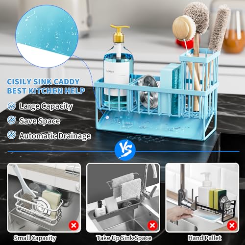 Blue Kitchen Sink Caddy Organzier with High Brush Holder (Blue / 9.25 inches)