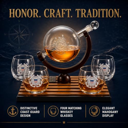 U.S. Coast Guard Globe Whiskey Decanter Set with 4 Liquor Glasses (Coast Guard)