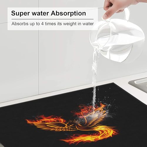 Fire Phoenix Dish Drying Mat for Kitchen Counter Washable Absorbent Reversible Microfiber Funny Drying Pad Kitchen Accessories 16x18 Inch (Phoenix / 16 x 18 inch)