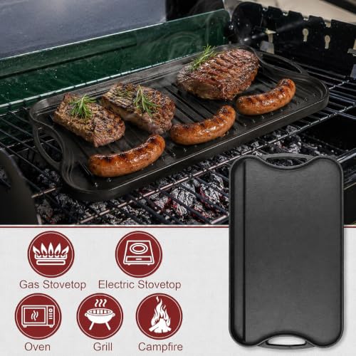 17" x 10" Reversible Cast Iron Griddle Pan for 2 Burner Gas Stoves (17" x 10" x 3")