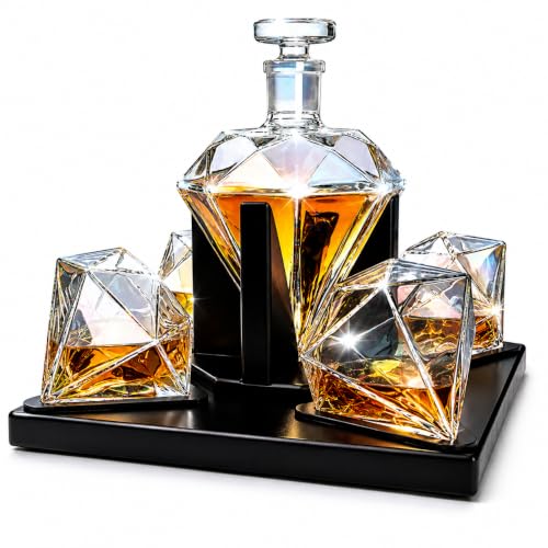 Diamond Whiskey Decanter With 4 Iridescent Glasses 750ML Mahogany Wood Tray (Iridescent Diamond Decanter + 4 Glasses)