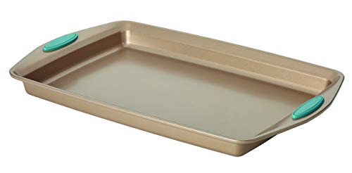 Cucina Bakeware Set Includes Nonstick Cake Cookie Baking Sheet and Muffin Cupcake Pan (4 Piece / Latte Brown with Agave Blue Grips)