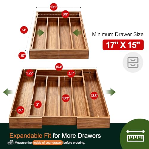Expandable Acacia Kitchen Drawer Organizer for Cutlery and Utensils (7 Slots Expandable / Acacia)